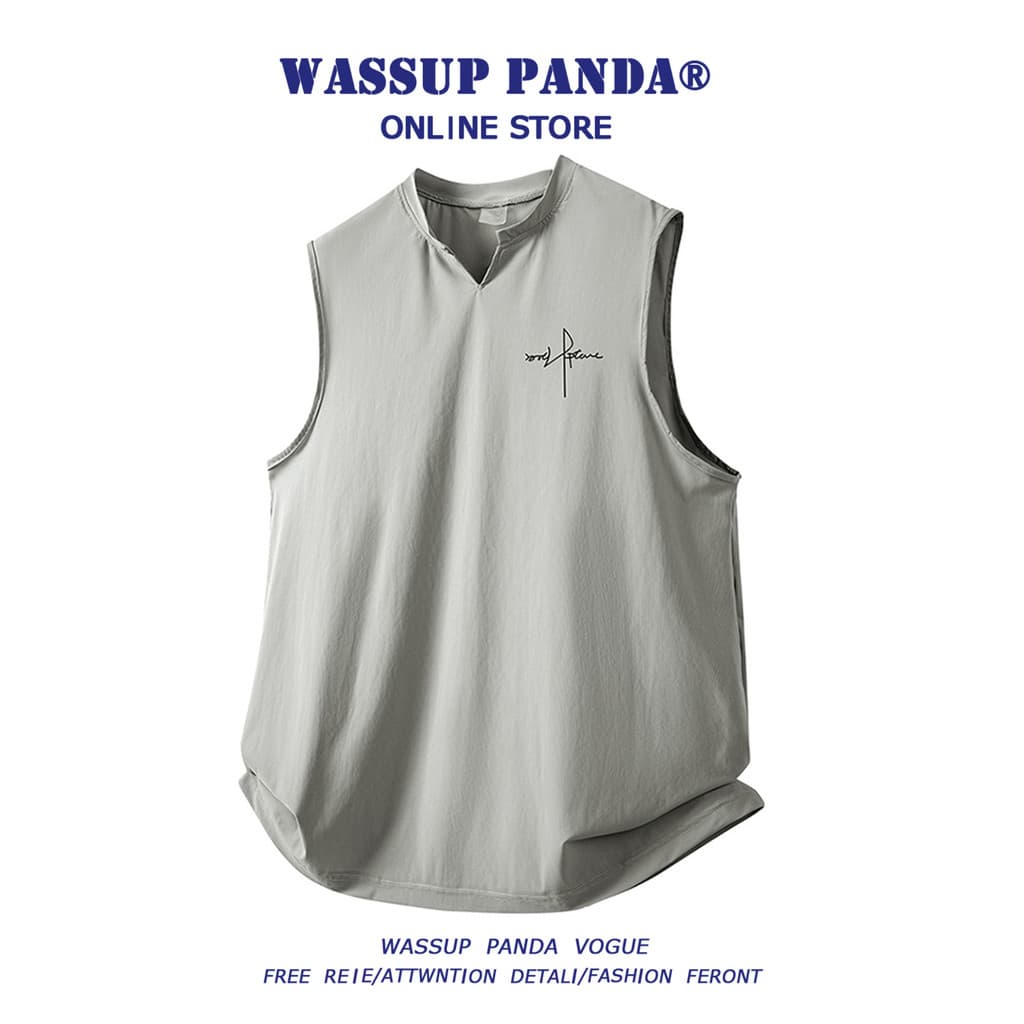 WASSUP PANDA Ice Silk Respirável Colete Esportivo de Secagem Rápida Homens Verão Com Decote Em V Sem Mangas Camiseta Fit