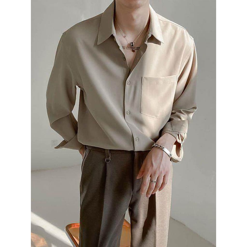 Ins na moda High-End camisa Casual All-Match gelo seda masculina primavera verão versão coreana solta luz estilo maduro