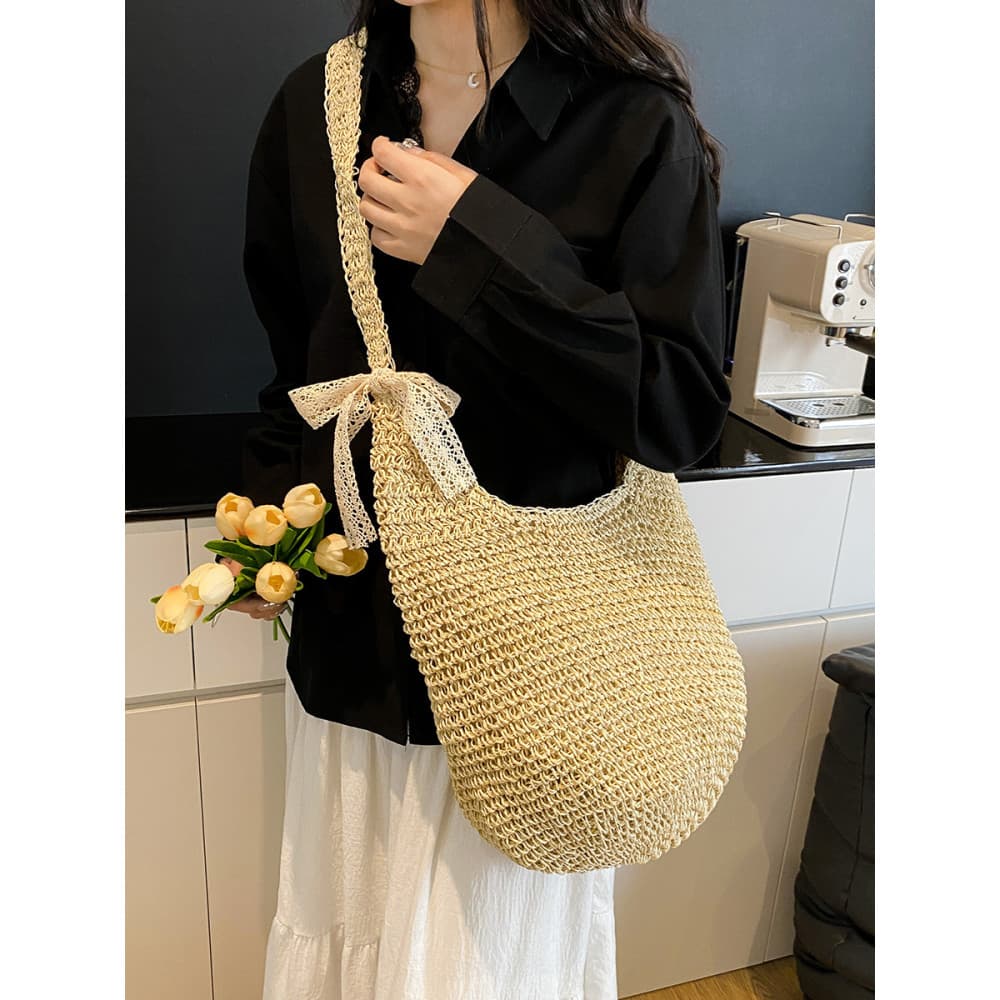 Férias praia palha saco feminino 2025 verão novo estilo bolsa de ombro preguiçoso solto sentir tecido grande capacidade