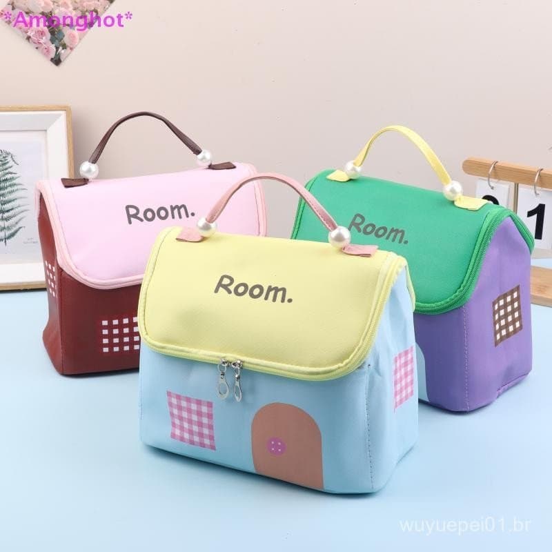 Entrehot > 1 Peça Bolsa De Maquiagem Em Formato De Casa Fofa Cor Dopamina Armazenamento Portátil De Grande Capacidade De