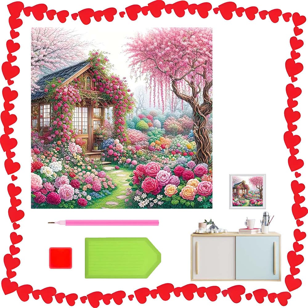 30 x 30 cm, Conjunto de Pintura artística Casinha entre flores com diamantes quadrados 5D para decoração de parede DIY
