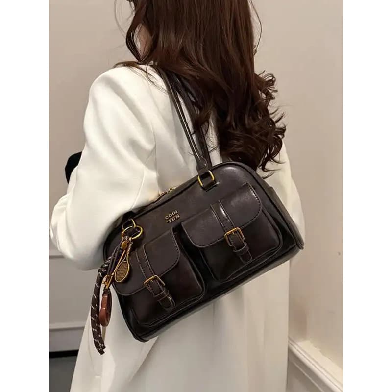 Bolsa de Ombro Feminina Retro em Couro PU de Cor Sólida, Bolsa Transversal de Grande Capacidade com Acessório Removível,