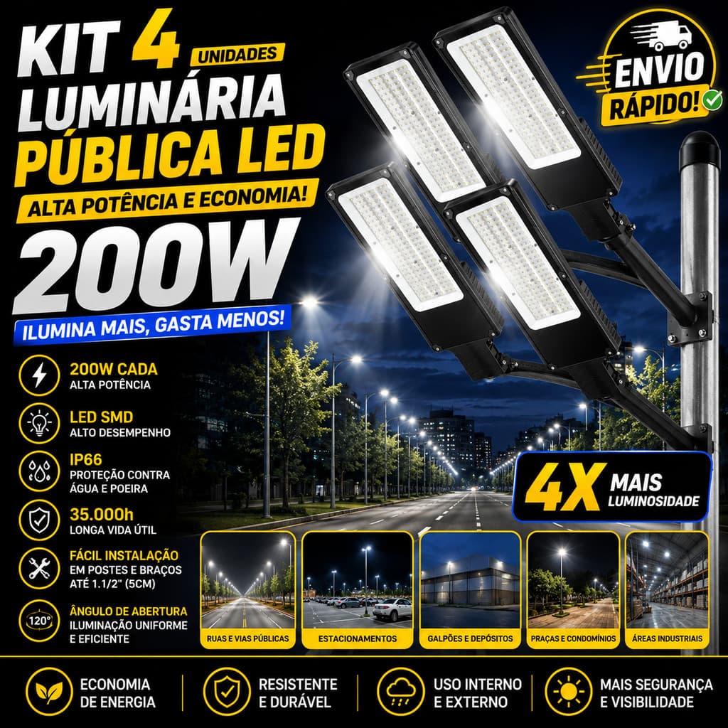 Kit 4 Luminária Pública LED 200W Refletor Poste Rua Calçada Estacionamento Externo IP66 Paylow