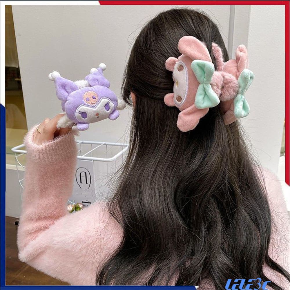 Presilha de Cabelo de Pelúcia Fofa Sanrio Kuromi Cartoon Cinnamoroll Dupla Face, Acessório de Cabelo Estiloso em Forma d