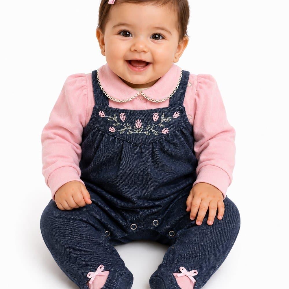 Macacão Bebê Feminino Luxo Suedine Bordado Floral Rosa - M.Baby