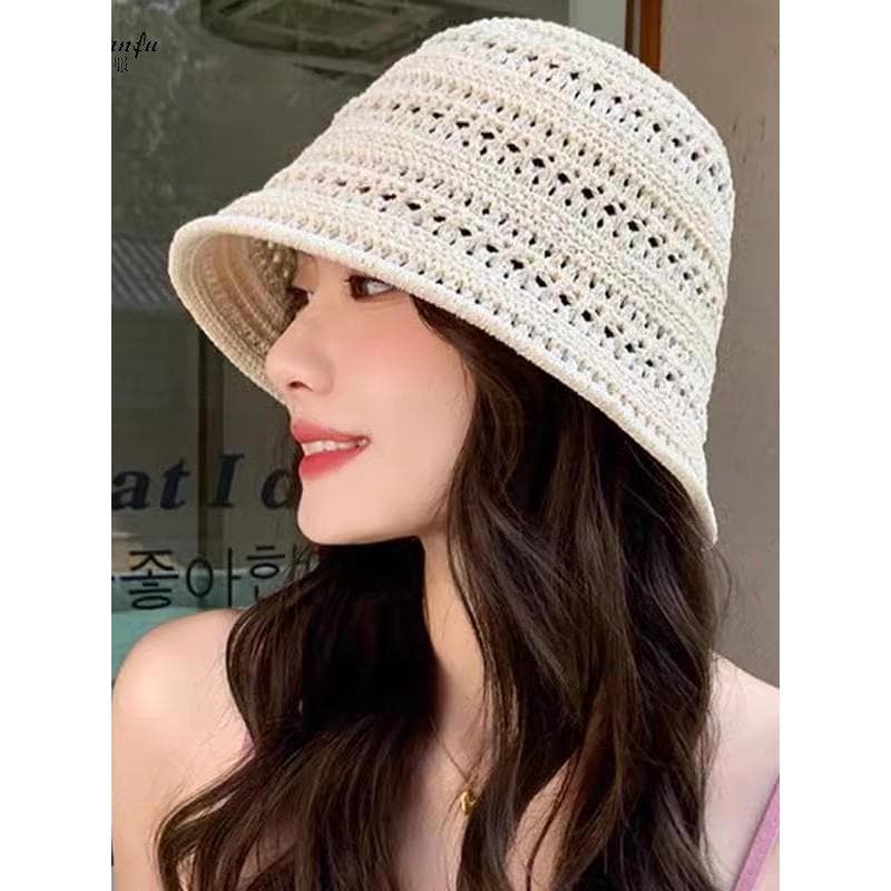 Bonito chapéu fino balde chapéu feminino verão oco malha balde protetor solar chapéu pequeno rosto chapéu de sol
