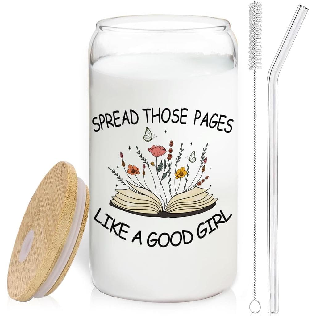 Copo de Vidro Floral em Forma de Livro com Tampas e Canudos 14oz, Presentes para Amantes de Livros e Leitores, Abra as P