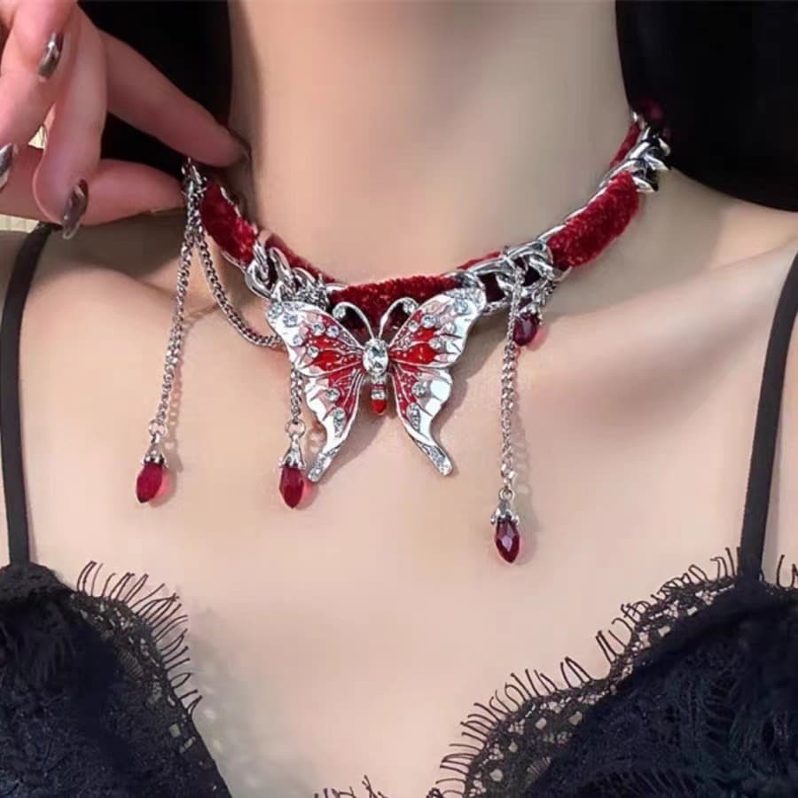Anime Tian Guan Ci Fu Xie Lian Cosplay Céu Bênção Veludo Vermelho Borboleta Franja Colar Feminino Doce Legal Temperament