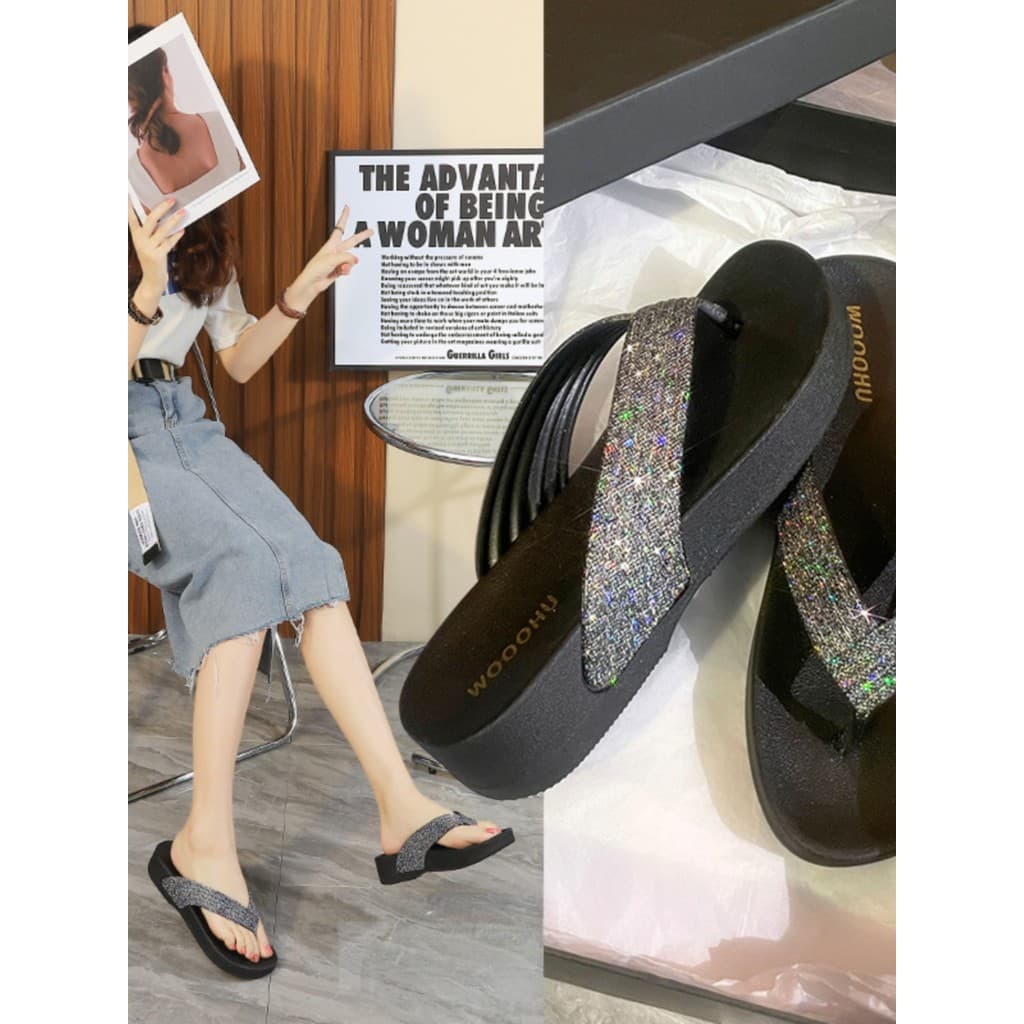 Verão novo estilo moda tendência praia All-Match Flash cinta sandálias chinelos Flip-Flops feminino preto Anti