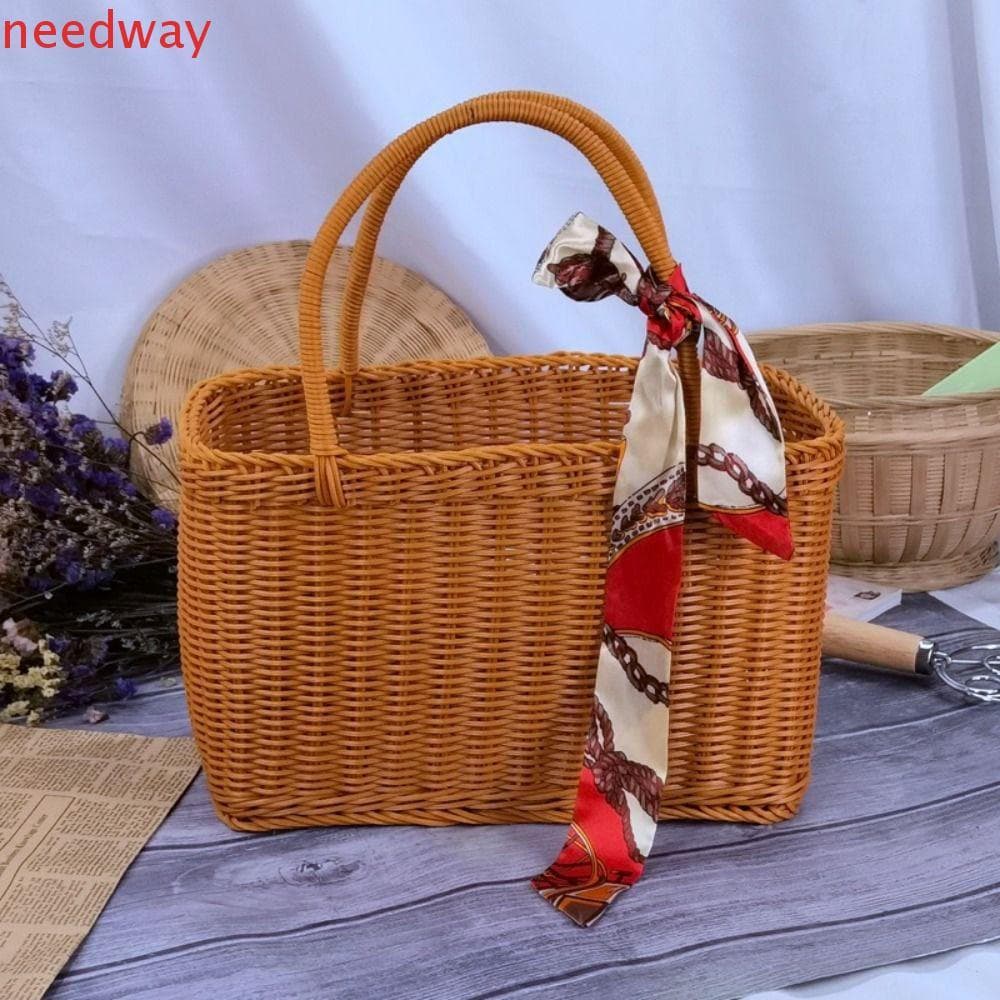 Cesta Tecida NEEDWAYB , De Piquenique Retangular De Vime , À Mão Com Alça Flores Portátil