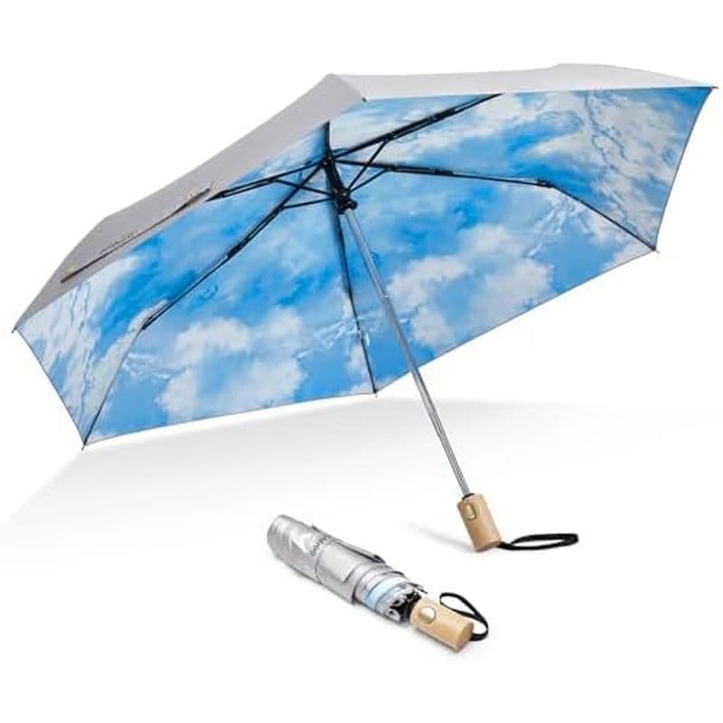 G4Free UPF 50 + Guarda-Chuva De Viagem Com Proteção UV Alça De Madeira , Chuvas Leves Dobráveis De Solar De 42 Polegadas