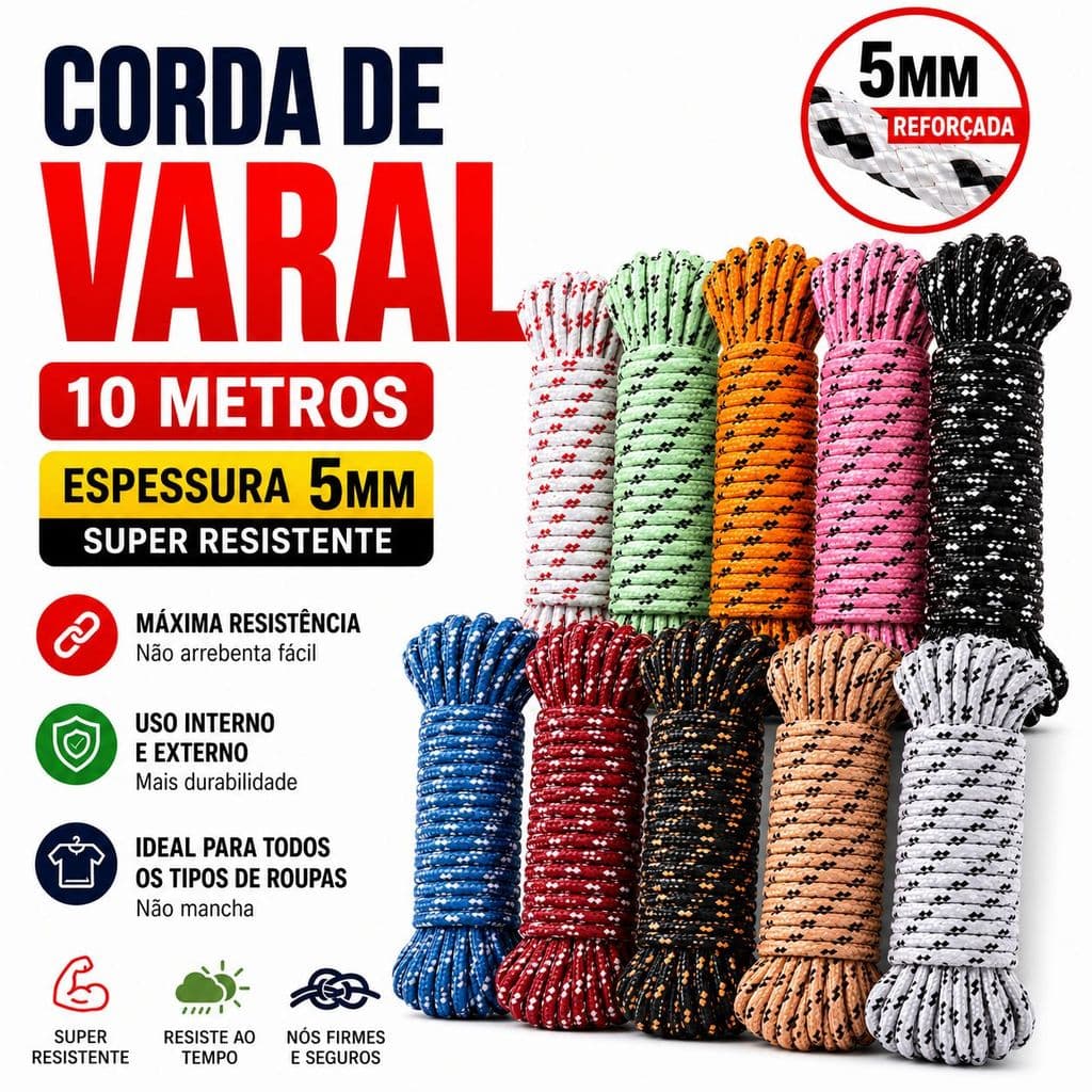 Corda De Nylon Trançada 10 Metros 5mm Varal Externo Camping Amarração Lona Obra Resistente Chuva Sol Cores