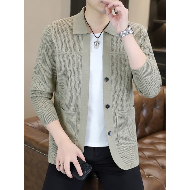 Primavera outono fino malha Cardigan jaqueta masculina na moda versão coreana magro-ajuste High-End Casual lapela camiso