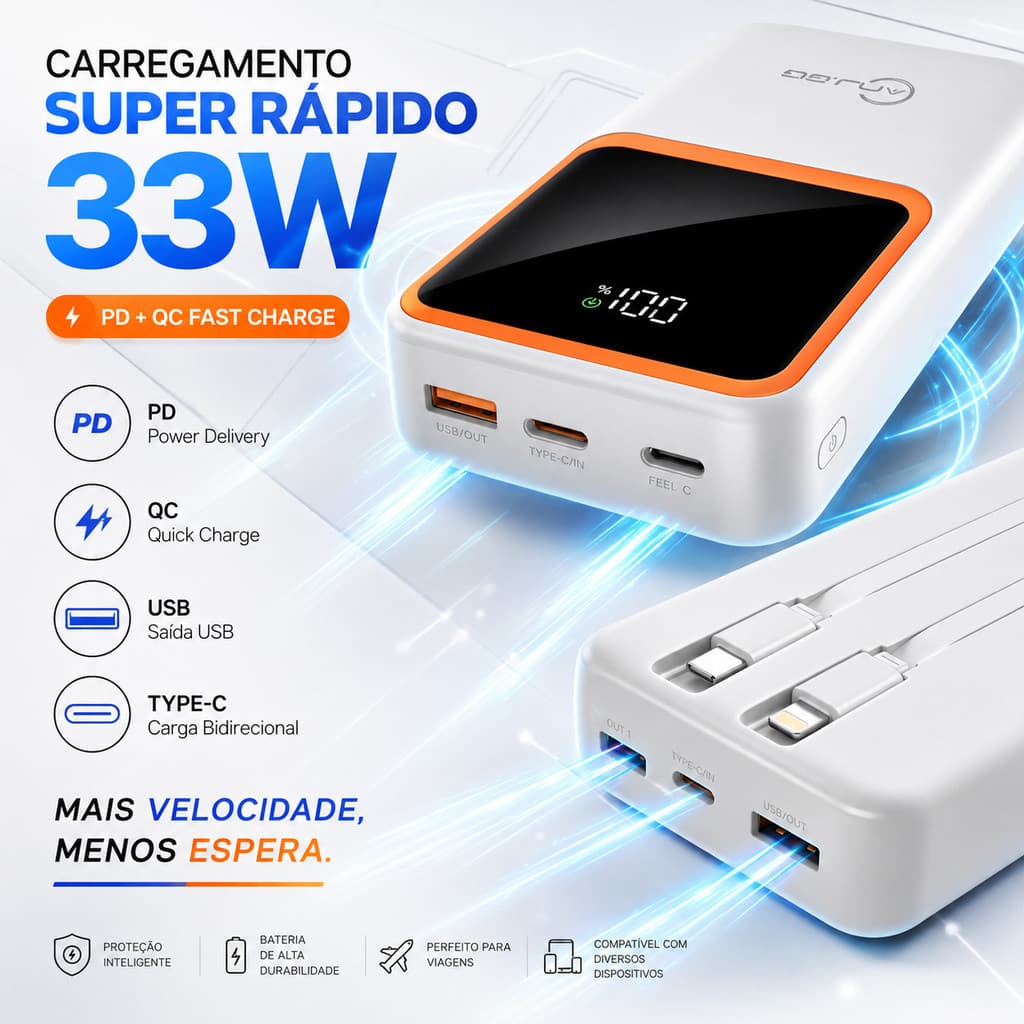 Power Bank 20000mAh 33W Com Cabos Integrados USB Tipo C E Display Digital 🔋