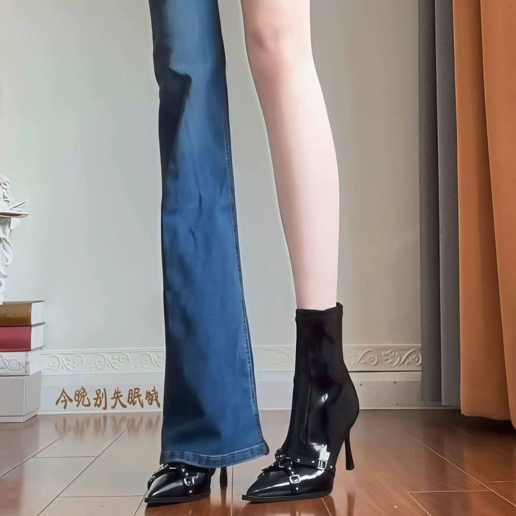 Botas de salto alto femininas Stiletto zíper lateral 2025 novo estilo outono inverno salto alto preto couro patente bota