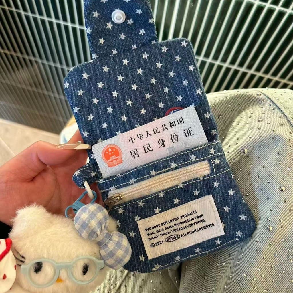 Original versão coreana fresco Denim impressão estrela pequeno quadrado saco menina coração cartão caso portátil moeda b