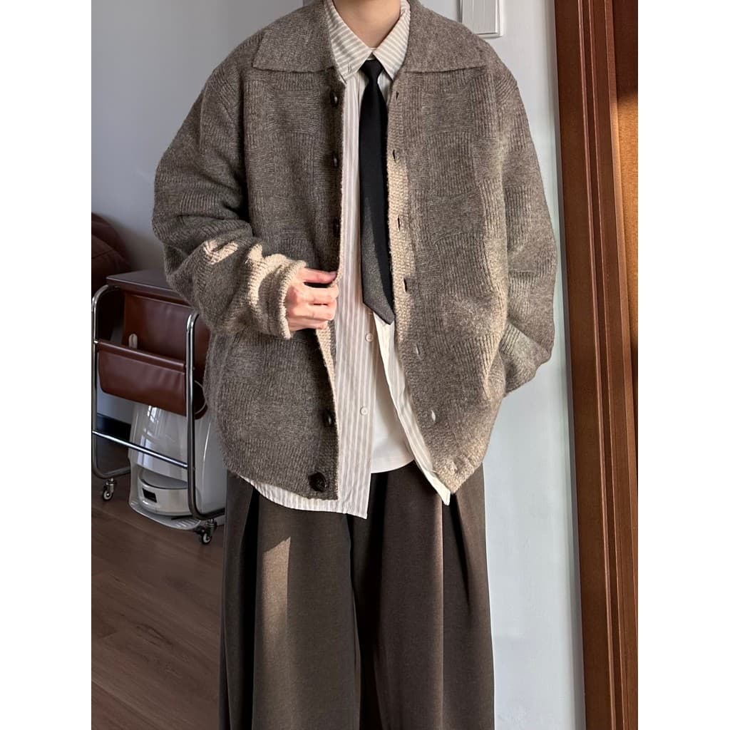 Japonês Retro outono inverno novo estilo solto lapela xadrez de malha Cardigan camisola das mulheres dos homens malha Sw
