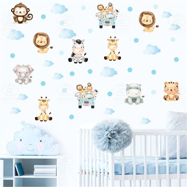 Adesivo de Parede Animais Safari + Bolinhas Azul  - Papel de Parede Infantil - Adesivo de Parede Infantil Safari Baby
