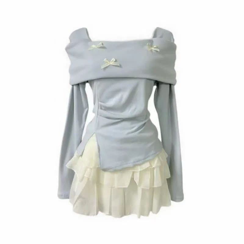 Conjunto Feminino de Verão Doce e Fofo, Ombro a Ombro, Manga Longa, Blusa + Saia de Cor Sólida, Duas Peças 6XVK 3941