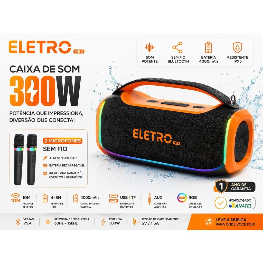 Caixa De Som Bluetooth 300W EletroMex RGB Com 2 Microfones Sem Fio Karaokê Portátil IPX5