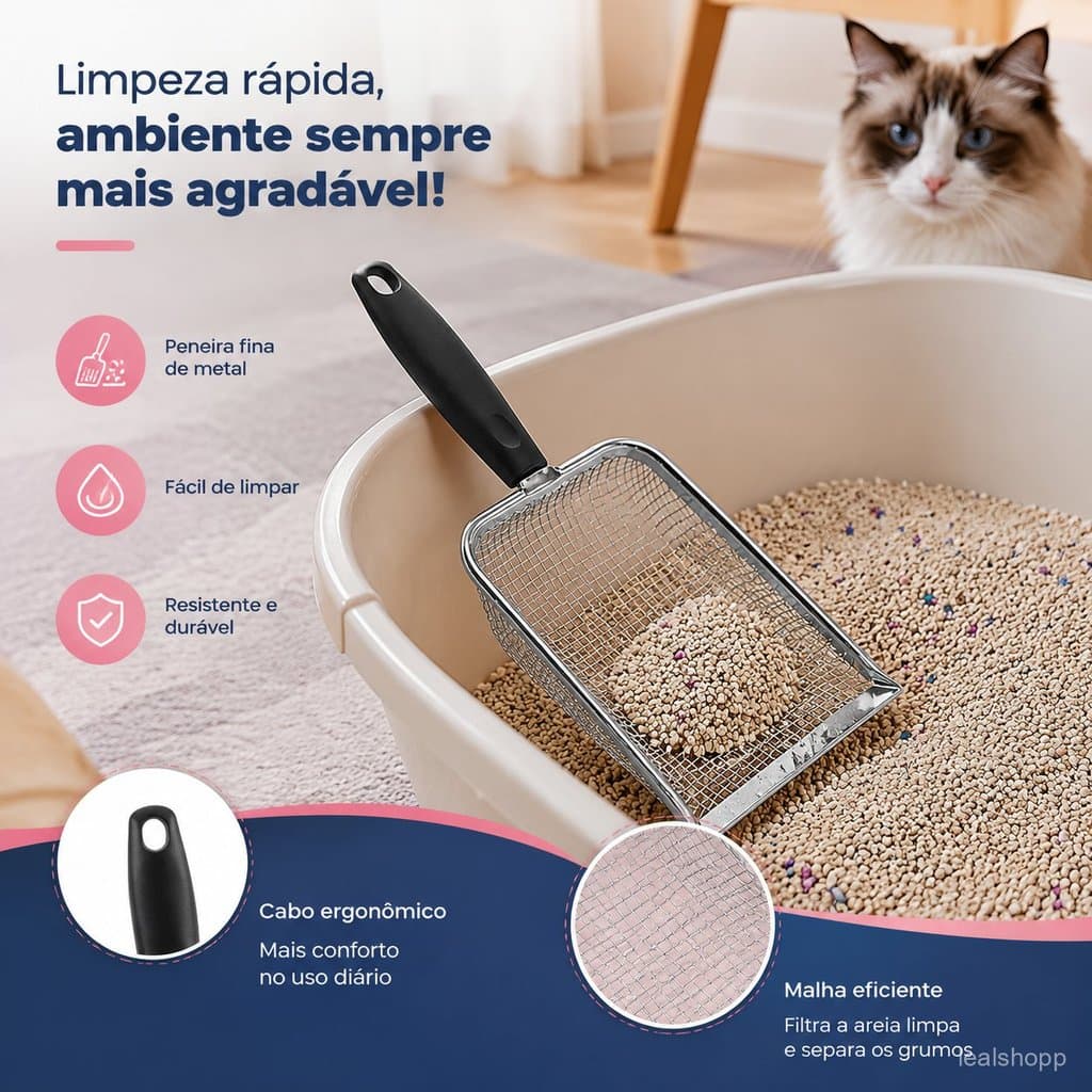 1 Pc Pá para Caixa de Areia de Gato com Peneira Metálica Tela Fina e Cabo Preto