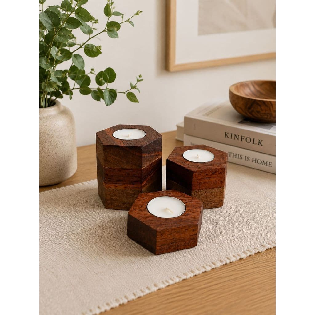Trio de Velas Hexa em Madeira Cedro