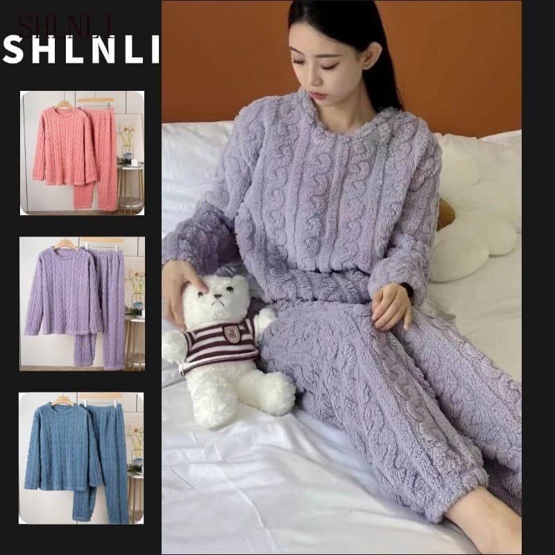 2 Peças/Conjunto Quente Grosso Outono Inverno Pijama Feminino De Cor Sólida Manga Comprida Top + Calça