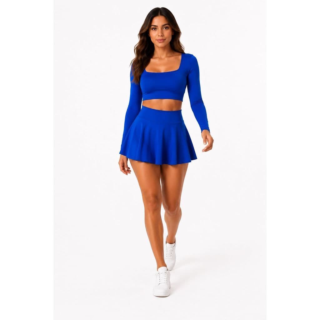 Conjunto Croped Decote Quadrado Manga Longa Saia Short Feminina Academia Fitness Cintura Alta Modeladora Legging Fitness