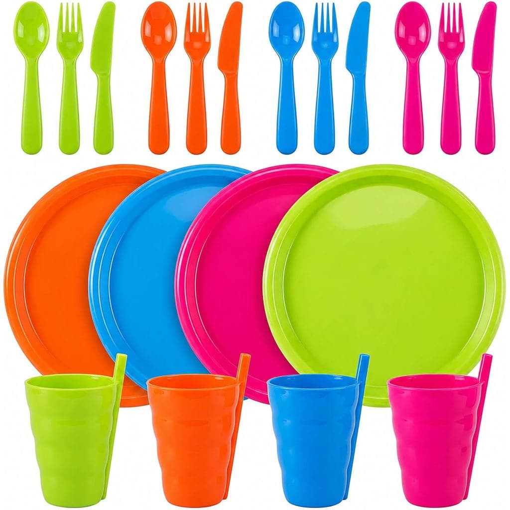 Conjunto De Louças De Plástico Reutilizáveis Basicwise De 20 Peças Para 4-Pratos , Copos E Talheres De Cores Sortidas Se