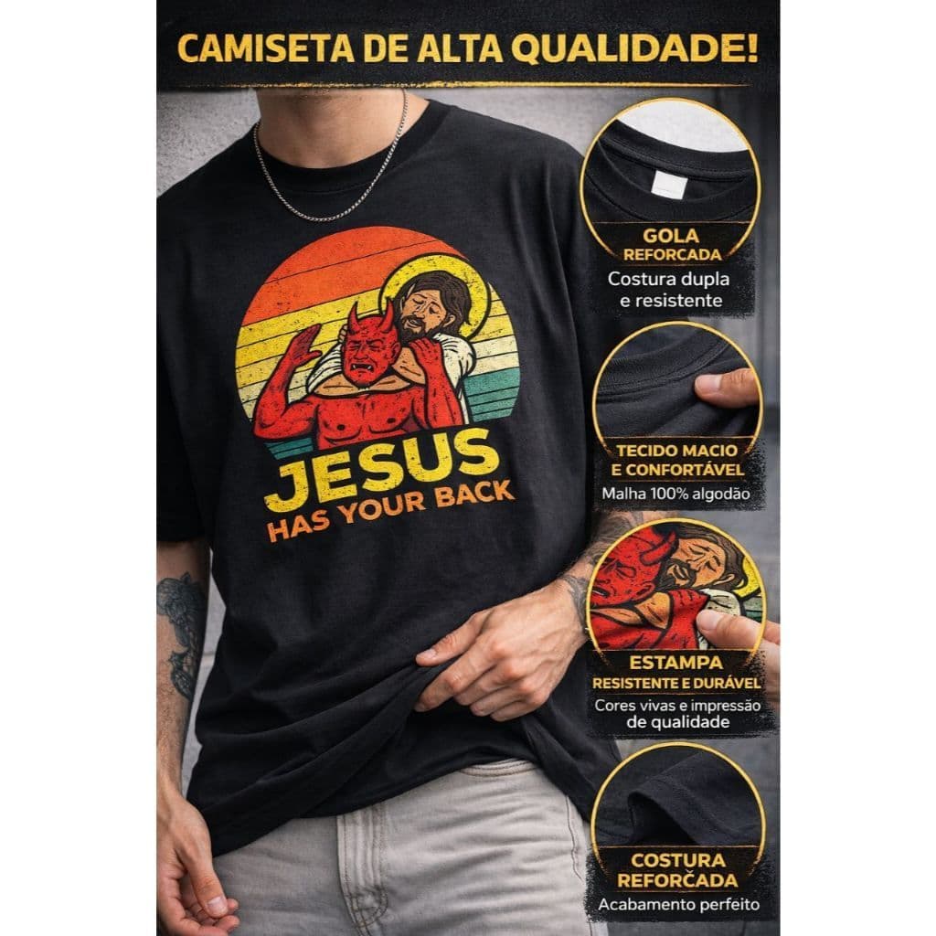 Camiseta Basica Jesus Has Your Back Yeshua Camisa 100% Algodão  Confortável Unissex