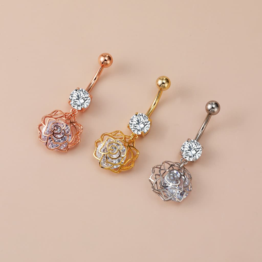 Corpo punctura umbigo anel flor oco com diamante umbigo prego único moda umbigo fivela 2664DQD