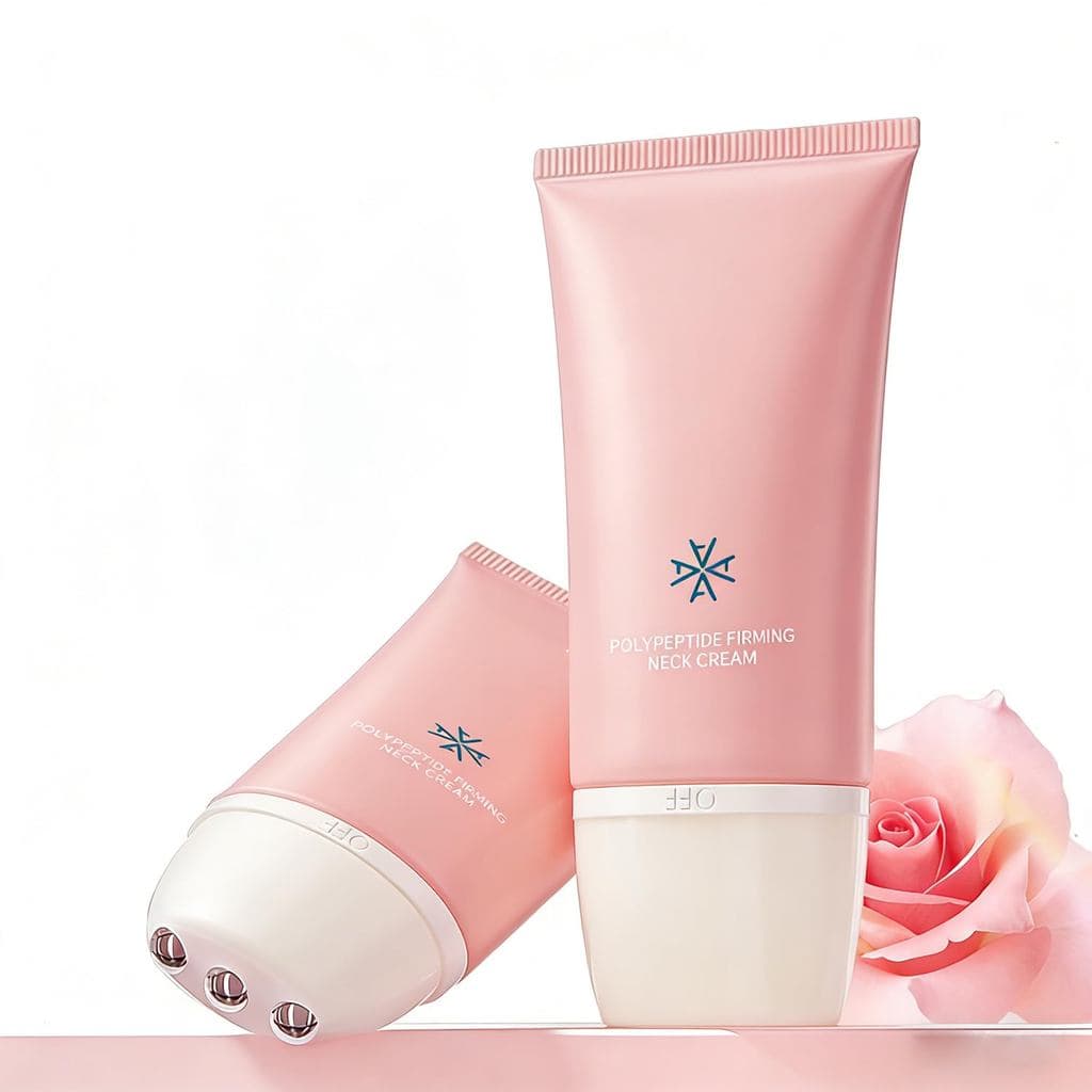 Creme para Pescoço com Rolo de Massagem - Creme Firmador e Suavizante para Pescoço e Peito com Peptídeos e Ácido Hialurô