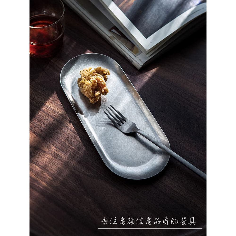 Prato plano desgastado, prato de sobremesa de aço inoxidável, bandeja japonesa retrô para restaurante, toalha, placa de