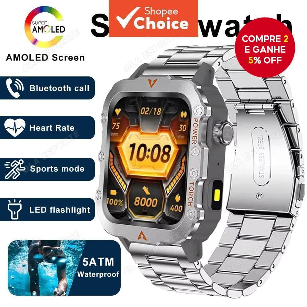 Tela AMOLED Masculina Relógio Inteligente Bluetooth 5.2 Chamada Freqüência Cardíaca Oxigênio No Sangue Monitoramento De