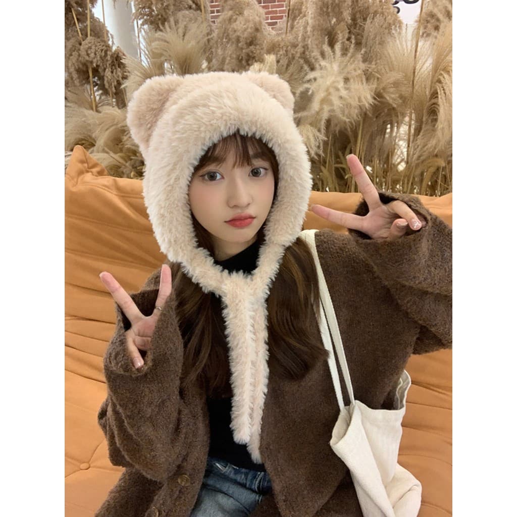 Bonito urso chapéu de pelúcia feminino inverno pelúcia engrossado quente Lei Feng chapéu imitação pele coelho à prova ve