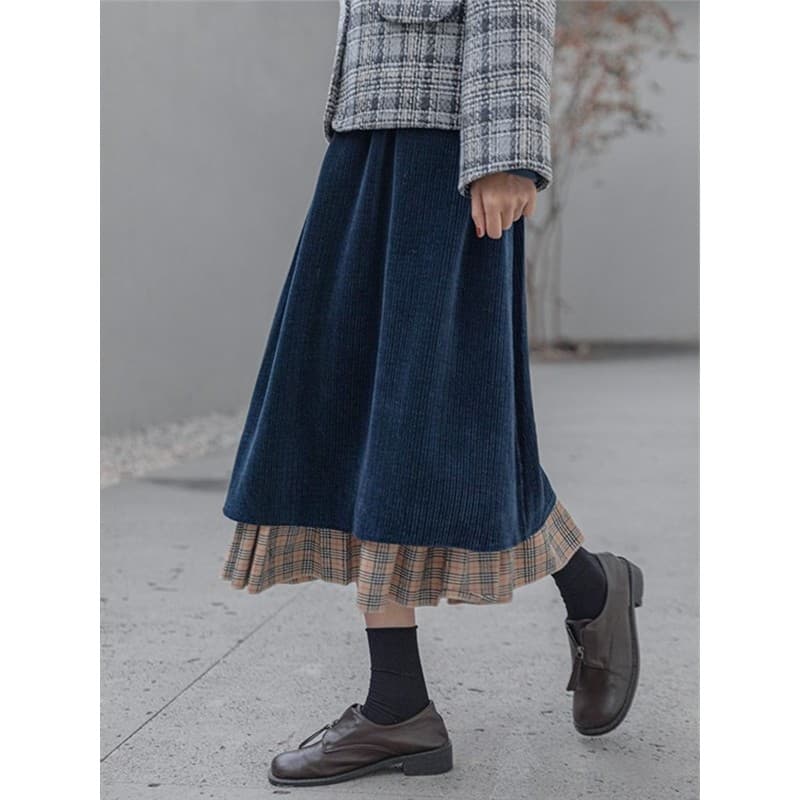 Retro veludo A linha saia feminina outono inverno novo estilo Design nicho xadrez costura sobre o joelho meados de-