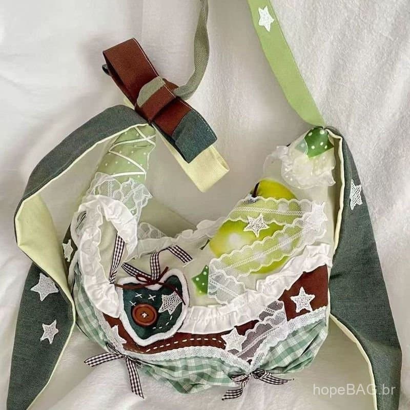 Bolsa Ita Bag versão coreana, bolsa verde em formato de maçã com orelhas de coelho, bolsa de lona com patchwork, laço de