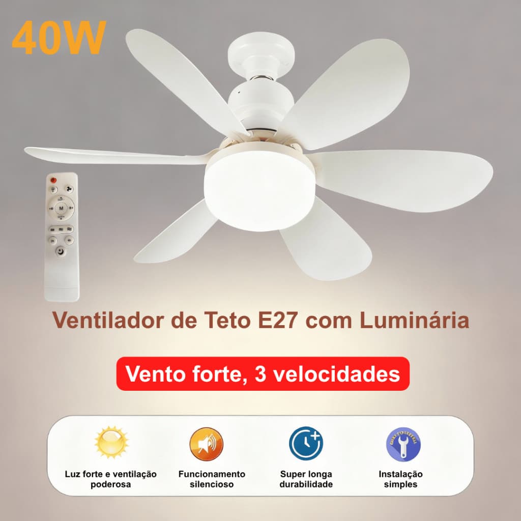 Ventilador de Teto HY52 com Luz LED 40W Silencioso Controle Remoto Pás Removíveis Economia Energia
