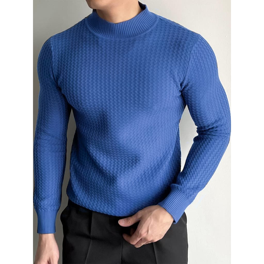 Suéter masculino de malha americana, gola média, manga comprida, outono inverno, Casual, Slim Fit, listrado de alta qual