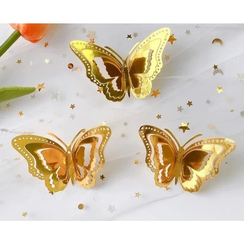 Kit 12 Borboletas 3d Decorativas Multicamadas Metalizadas Prata, Dourada ou Colorida