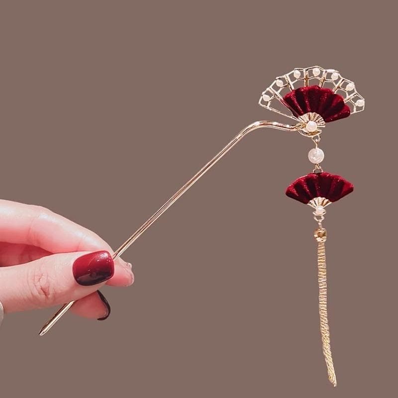 Novo estilo chinês vermelho em forma de leque borla hairpin antigo feminino High-End hairpin cavalo rosto saia Hanfu pas