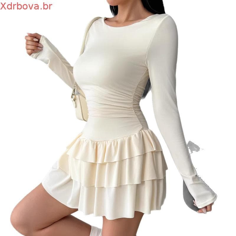 Mulheres outono inverno cor sólida magro-ajuste mais magro olhar temperamento vestido de manga comprida feminino