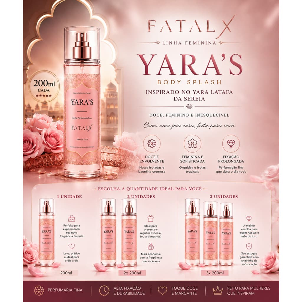 Perfume Body Splash KIT 1 2 3 YARA'S Árabe FATALX Feminino 200ml - Corporal Refrescante Sensual