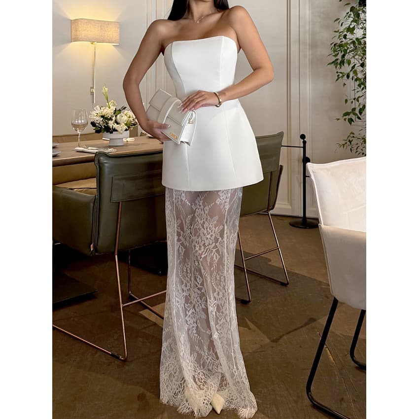 Conjunto Feminino De Saia Longa De Renda Sem Alças