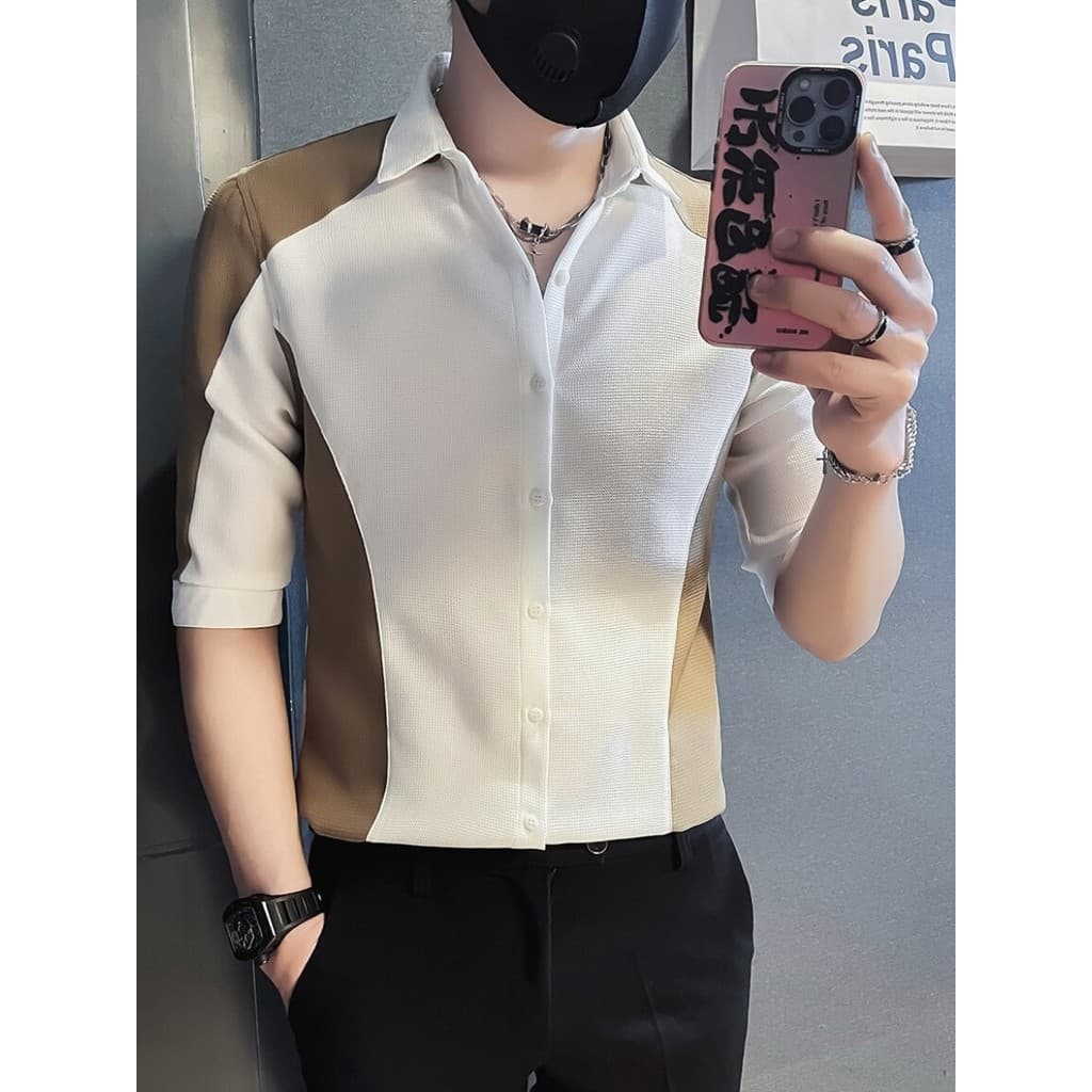 Verão versão coreana costura contraste cor camisa de manga curta masculina Casual fino High-End magro-ajuste moda metade