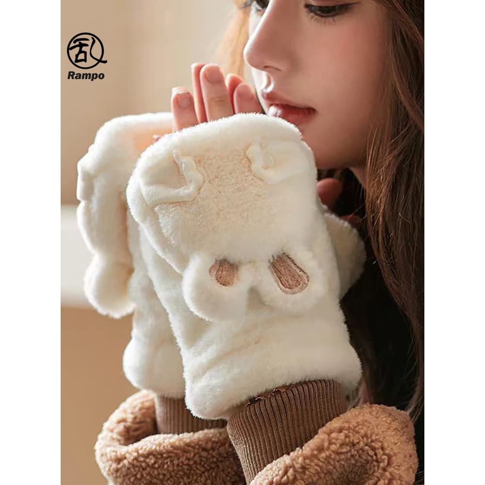 Bonito orelha de coelho luvas de pelúcia meninas outono inverno quente ins na moda pelúcia engrossado meio dedo tela de