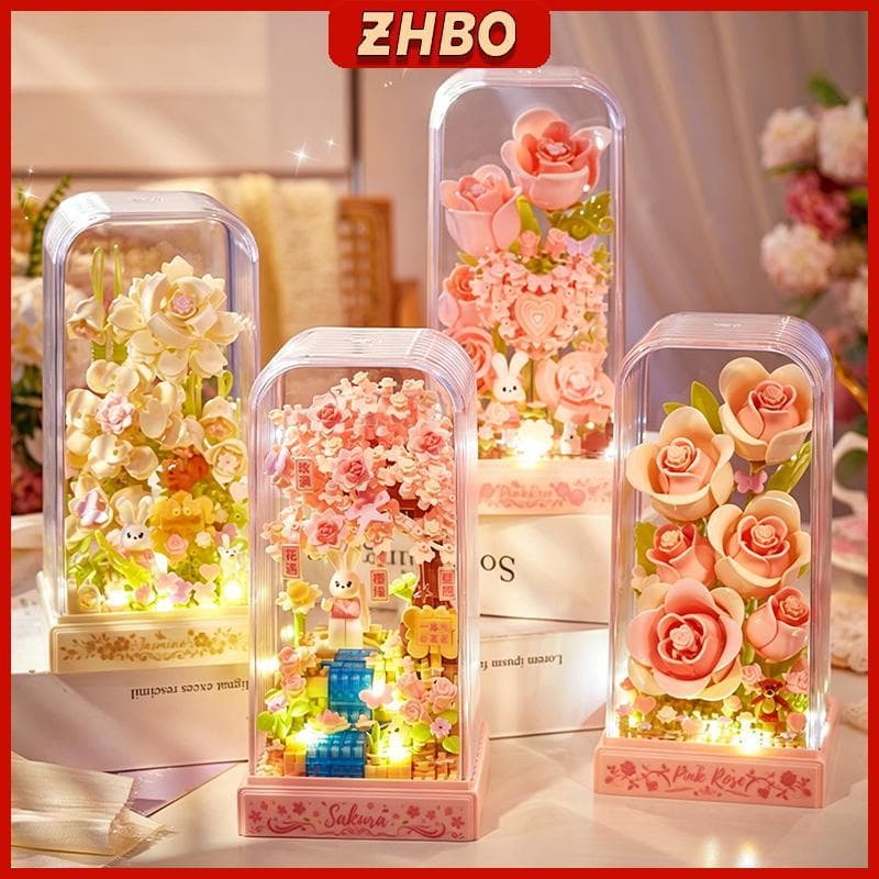 Conjunto de blocos de montar com flores de desenho animado fofas com revestimento em PVC