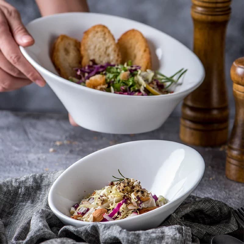 Tigela de salada de vegetais em formato especial, tigela oblíqua, aparência criativa, cerâmica, tamanho grande, influenc