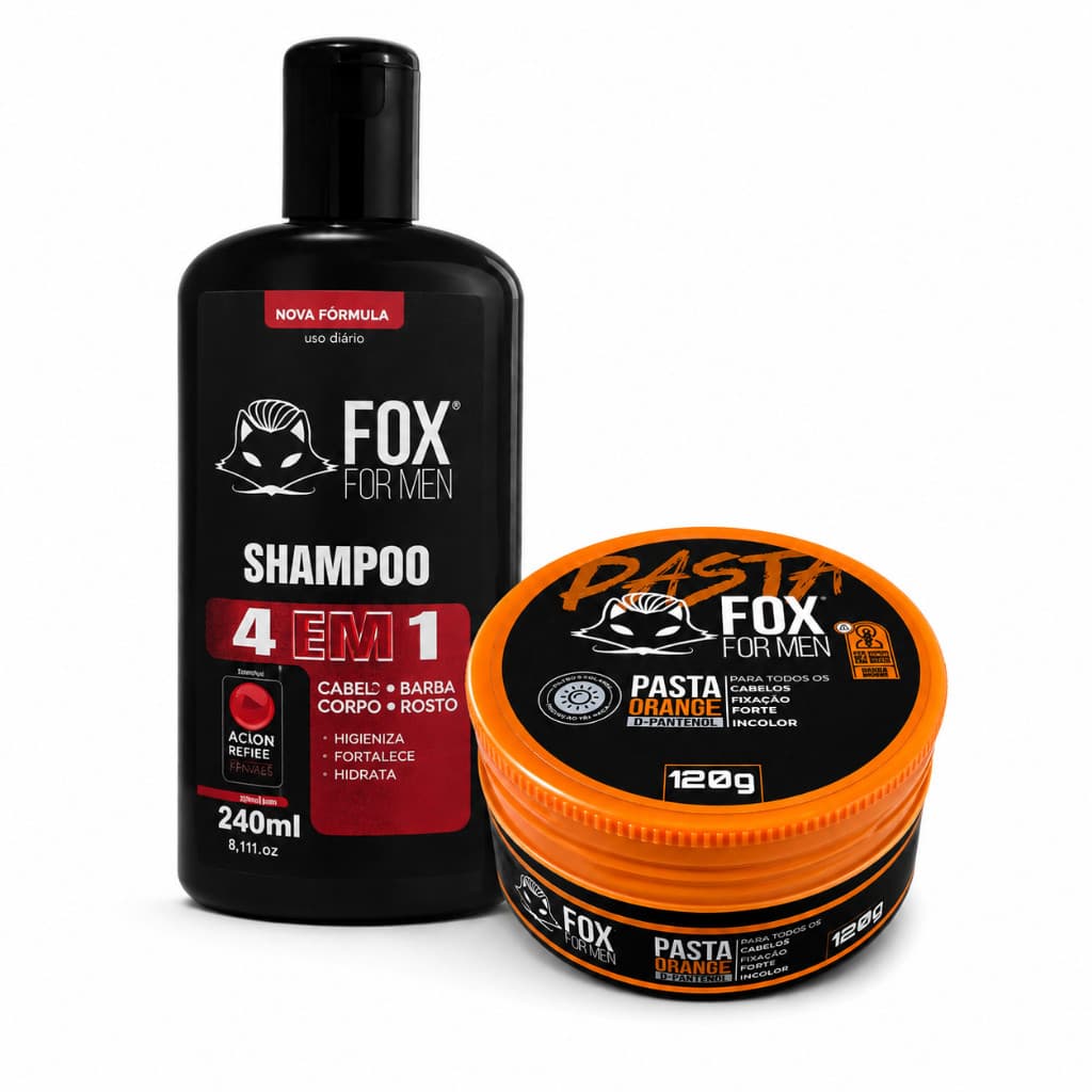 Kit Shampoo 4 em 1 240ml + Pasta Modeladora Orange 120g Fox For Men Fixação Forte Cabelo Alinhado