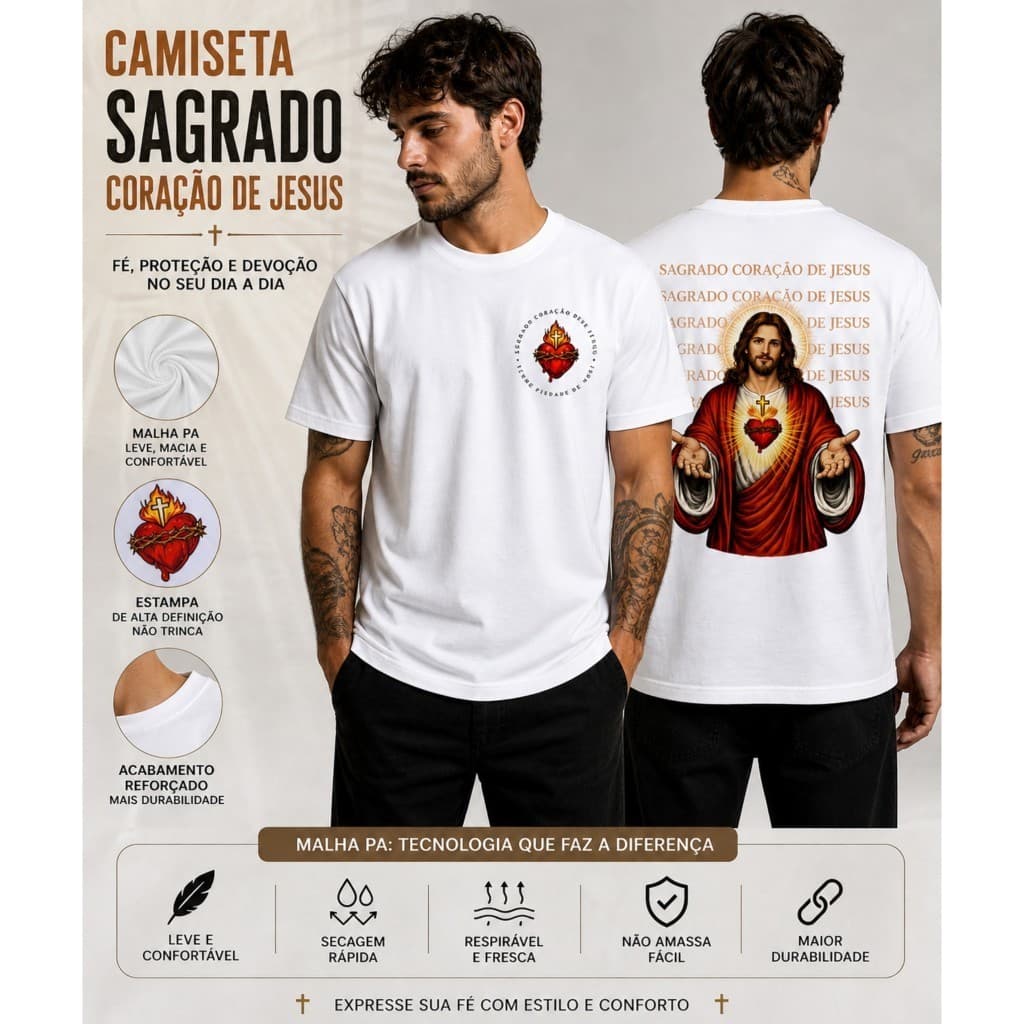 Camiseta Sagrado Coração de Jesus | Malha PA Premium | Estampa Religiosa Católica |  Confortável  Durável | Para Familia